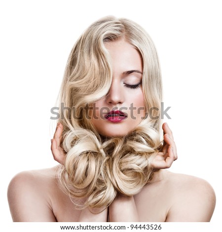 Beautiful Blonde Girl. Healthy Long Curly Hair.