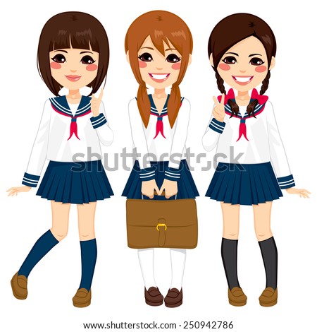 Cute Japanese School Girls Friends Happy Stock Vector ...