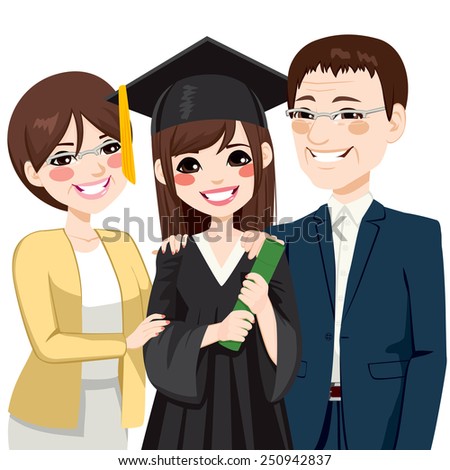 Asian parents standing proud and happy of daughter holding diploma on graduation day ceremony