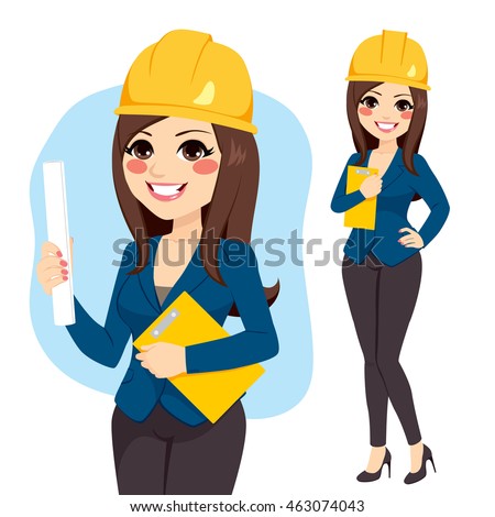 Young female architect with safety helmet holding roll paper and folder