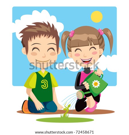 Children irrigating a plant with a green watering can - stock vector