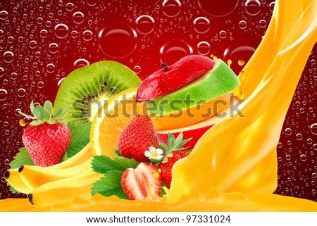 Fruit mix on red background