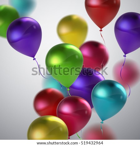 Vector festive illustration of flying realistic glossy balloons. Multicolored birthday balloon bunch. Decoration element for holiday event invitation design