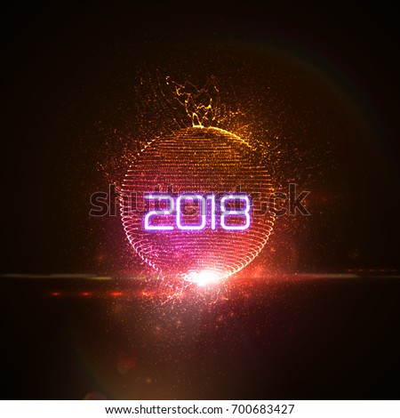 Happy New 2018 Year. Vector holiday illustration of glowing neon 2018 sign with shiny abstract distorted sphere and optical light effect with particles
