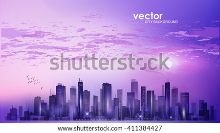 City landscape at night in moonlight