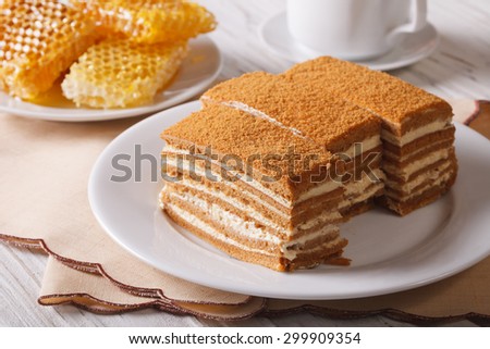 Beautiful Close Up Of Honey Cake On A Plate And Honeycomb Horizontal Beautiful Close Up Of Honey Cake On A Plate And Honeycomb Horizontal