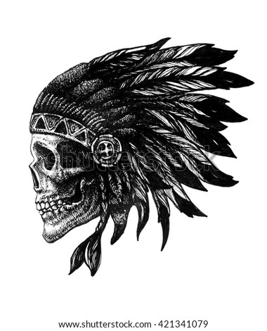 Skull Indian Chief Hand Drawn Jpeg Stock Illustration 421341079 ...