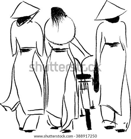 Three beautiful young women stroll in Ho Chi Minh City, Vietnam. They are dressed in traditional Ao Dai dresses, trousers and conical hats.