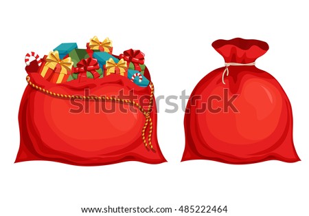 Christmas Santa's bag with full of gift boxes and present. Holiday object vector illustration.