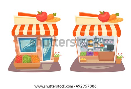 Grocery Store Front Interior Cartoon Street Stock-Vektorgrafik
