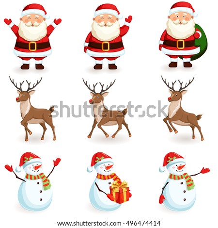 Christmas reindeer, santa, snowman set. Cartoon holiday moving characters vector illustration.