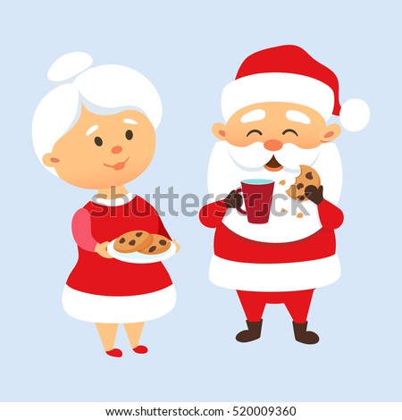Santa Claus Eating A Cookies And Drinking Milk With His Wife Mrs Treat