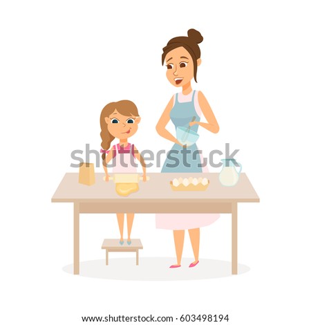 Mother and daughter cooking on kitchen. Mom and child baking together. Woman is beating cream and girl rolls the dough. Happy family. Cartoon vector characters isolated on white