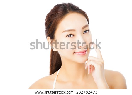 closeup beautiful young asian woman face isolated on white