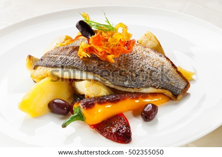 gourmet fish dish with Roasted vegetables