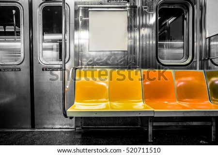 New York City subway car interior with colorful seats