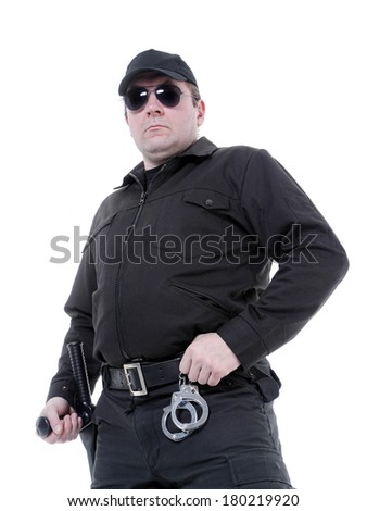 Policeman Security Guard Wearing Black Uniform Stock Photo 131269397 ...