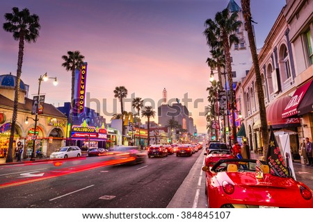 LOS ANGELES, CALIFORNIA - MARCH 1, 2016: Traffic on Hollywood Boulevard at dusk. The theater district is famous tourist attraction.