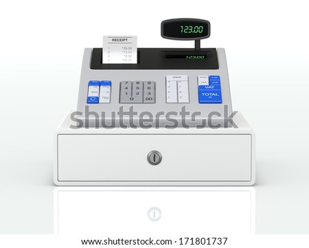 front view of a cash register with receipt (3d render)