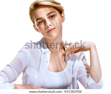 pretty beautiful makeup white shirt stock photo 435382906 pretty beautiful makeup white shirt stock photo 435382906