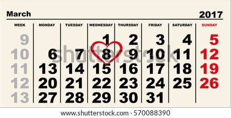 Calendar March 8. Heart shape reminder. International Womens Day. Illustration in vector format