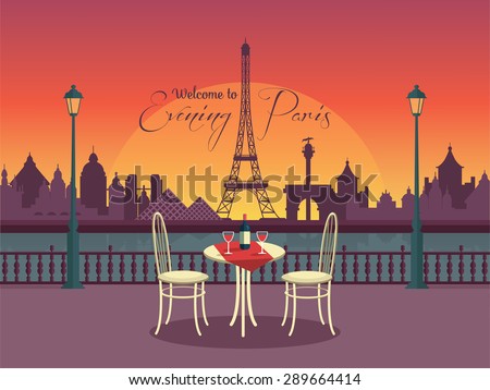 View of vector evening paris from the cafe