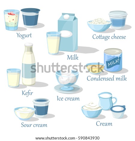 Fruit yogurt and kefir, milk product in carton pack and cottage cheese food, whipped sour cream and ice cream, condensed milk. Natural and organic healthy nutrition, farmer and grocery theme
