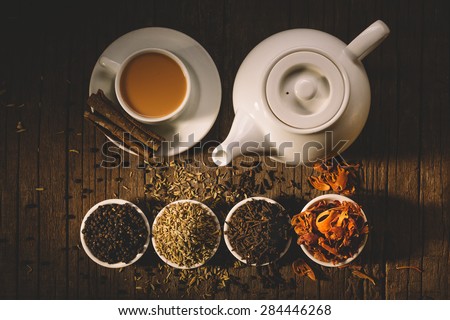 Masala tea with spices.National indian traditional beverage with tea, milk and spices.