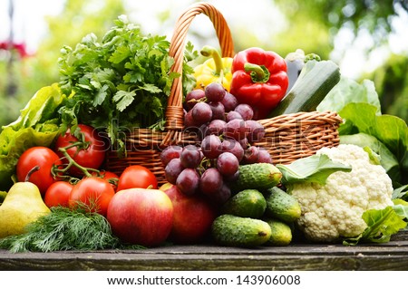 Fresh organic vegetables in wicker basket in the garden