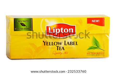 POZNAN, POLAND - NOVEMBER 21, 2014: Lipton Yellow Label is a famous brand of tea produced by Lipton since 1890, now sold in over 150 countries worldwide by Anglo-Dutch multinational company Unilever