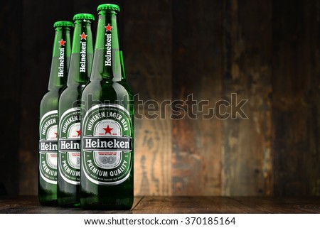 POZNAN, POLAND - DECEMBER 18, 2015: Heineken Lager Beer is the flagship product of Heineken International which owns over 125 breweries in more than 70 countries