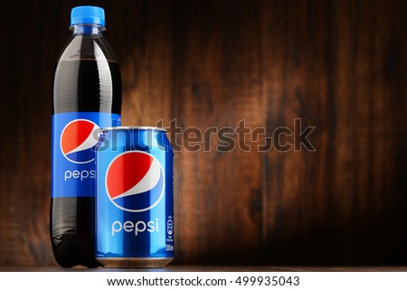 POZNAN, POLAND - OCT 13, 2016: Pepsi is a carbonated soft drink produced and manufactured by PepsiCo. The beverage was created and developed in 1893 under the name Brad's Drink