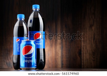 POZNAN, POLAND - JAN 18, 2017: Pepsi is a carbonated soft drink produced and manufactured by PepsiCo. The beverage was created and developed in 1893 under the name Brad's Drink