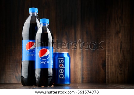 POZNAN, POLAND - JAN 18, 2017: Pepsi is a carbonated soft drink produced and manufactured by PepsiCo. The beverage was created and developed in 1893 under the name Brad's Drink