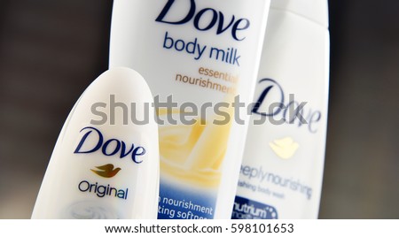 POZNAN, POLAND - MAR 2, 2017: Introduced to the British market in 1955, Dove is a personal care brand, now owned by Unilever and sold in more than 80 countries