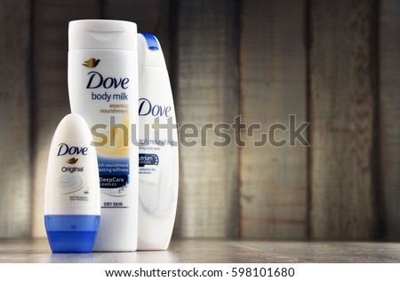 POZNAN, POLAND - MAR 2, 2017: Introduced to the British market in 1955, Dove is a personal care brand, now owned by Unilever and sold in more than 80 countries