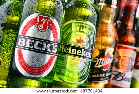 POZNAN, POLAND - JULY 21, 2017: Heineken, Anheuser-Busch InBev, Carlsberg Group and Sabmiller are major producers dominating global market of beer, the world's most widely consumed alcoholic beverage