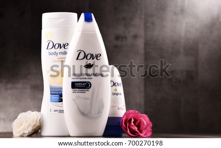 POZNAN, POLAND - AUG 11, 2017: Introduced to the British market in 1955, Dove is a personal care brand, now owned by Unilever and sold in more than 80 countries