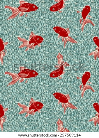 Seamless pattern with hand drawn gold fish