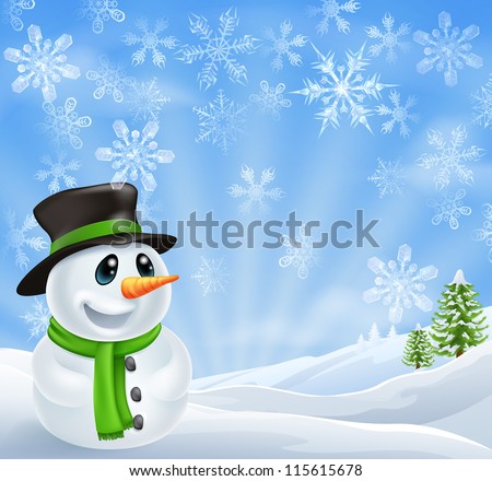 Illustration of a Christmas Snowman Scene with trees covered in snow