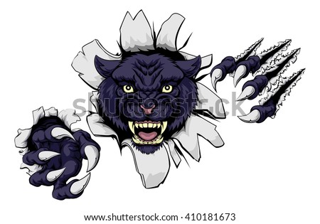 A black panther cartoon sports mascot ripping through a wall with his claws