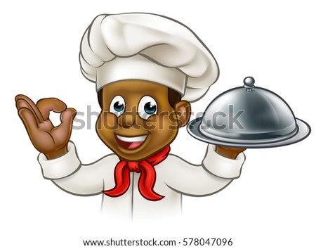 Black Chef Cartoon Character Holding Plate เวกเตอร์สต็อก 578047096