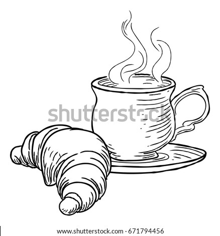 A Steaming Cup Of Tea Or Coffee And Croissant French Pastry Hand Draw In Retro A Steaming Cup Of Tea Or Coffee And Croissant French Pastry Hand Draw In Retro