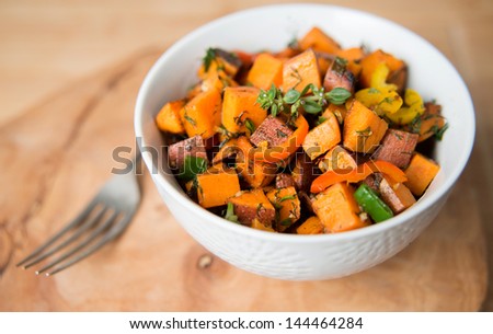 Sweet Potato Hash with Fresh Herbs, Peppers and Onions