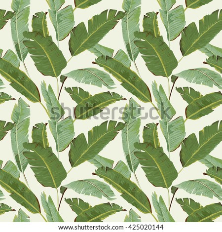 Seamless Pattern. Tropical Palm Leaves and Flowers Background. Banana. Vector. Exotic Texture. Floral Wallpaper.
