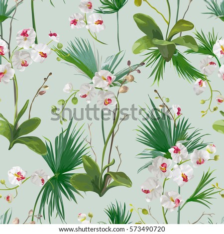 Tropical Palm Leaves and Orchid Flowers Background. Seamless Pattern in Vector
