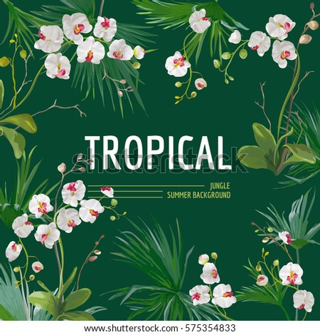 Tropical Palm Leaves and Orchid Flowers Background. Graphic Tshirt Design in Vector