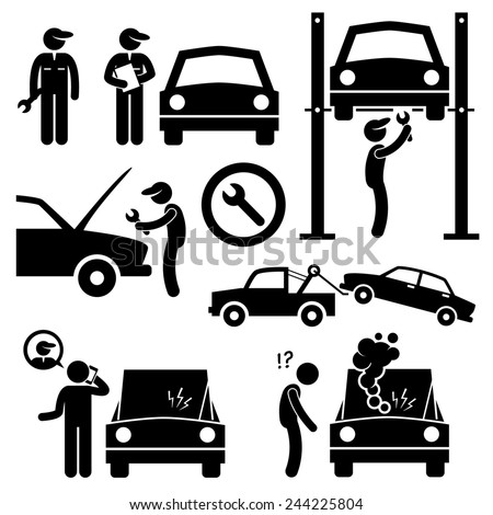 Car Repair Services Workshop Mechanic Stick Figure Pictogram Icons