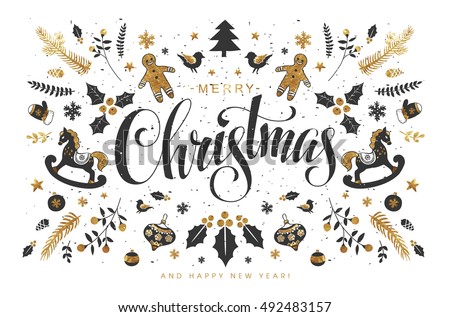 Christmas Postcard with Hand Lettering, Handmade Calligraphy Inscription and all kind of Christmas Attributes