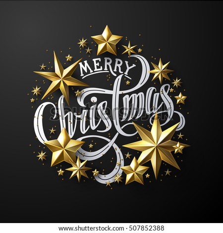Calligraphic "Merry Christmas" Lettering Decorated with Gold Stars. Christmas Greeting Card .